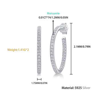 Сребърни обеци с Moissanite, кръгла форма, резка Eight Hearts and Eight Arrows, 75 камъни