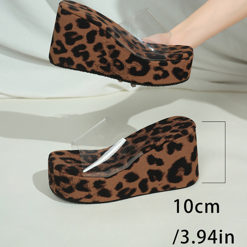 Ženske platforme sandale s leopard uzorkom i prozirnim remenom, gornji PU, unutarnji PU, gumeni potplat
