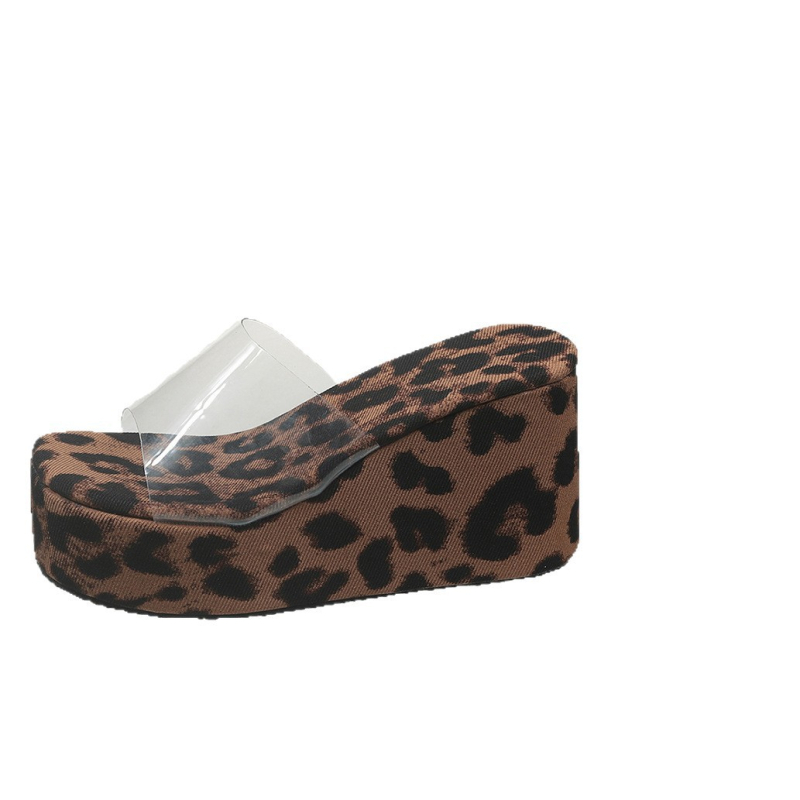 Ženske platforme sandale s leopard uzorkom i prozirnim remenom, gornji PU, unutarnji PU, gumeni potplat