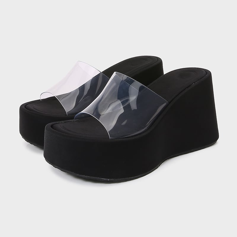 Ženske PVC sandale s širokim remenom i klina, gumena potplata, okrugli vrh - Ljeto 2025