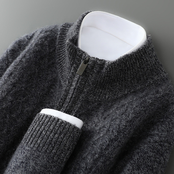 Мъжки кашмирен кардиган с цип, свободна кройка и качулка, кръгло деколте, дълги ръкави, съдържание на кашмир 30–35%