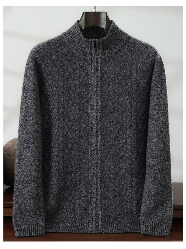 Мъжки кашмирен кардиган с цип, свободна кройка и качулка, кръгло деколте, дълги ръкави, съдържание на кашмир 30–35%