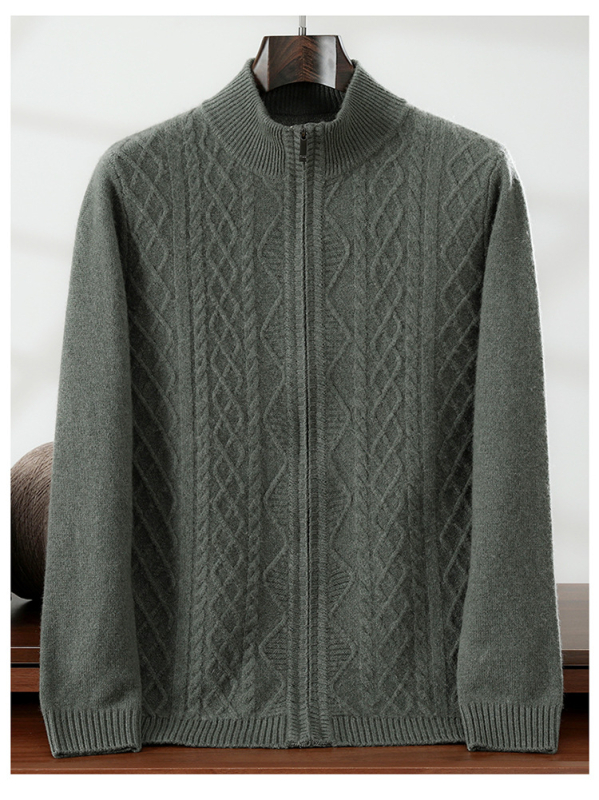 Мъжки кашмирен кардиган с цип, свободна кройка и качулка, кръгло деколте, дълги ръкави, съдържание на кашмир 30–35%