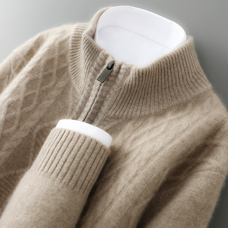 Мъжки кашмирен кардиган с цип, свободна кройка и качулка, кръгло деколте, дълги ръкави, съдържание на кашмир 30–35%