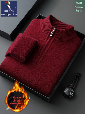 Мъжки кашмирен пуловер с цип, 95% кашмир, дебело плетиво, полу-висока яка, дълъг ръкав