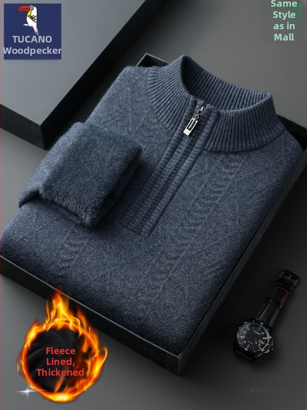 Мъжки кашмирен пуловер с цип, 95% кашмир, дебело плетиво, полу-висока яка, дълъг ръкав