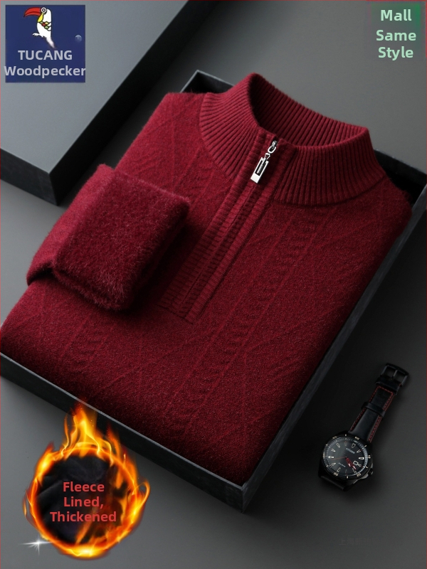 Мъжки кашмирен пуловер с цип, 95% кашмир, дебело плетиво, полу-висока яка, дълъг ръкав