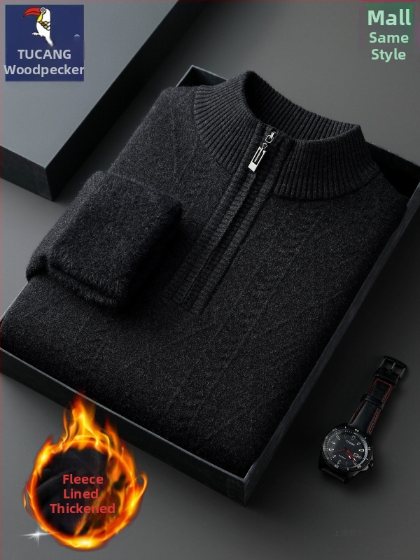 Мъжки кашмирен пуловер с цип, 95% кашмир, дебело плетиво, полу-висока яка, дълъг ръкав