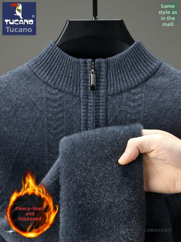 Мъжки кашмирен пуловер с цип, 95% кашмир, дебело плетиво, полу-висока яка, дълъг ръкав