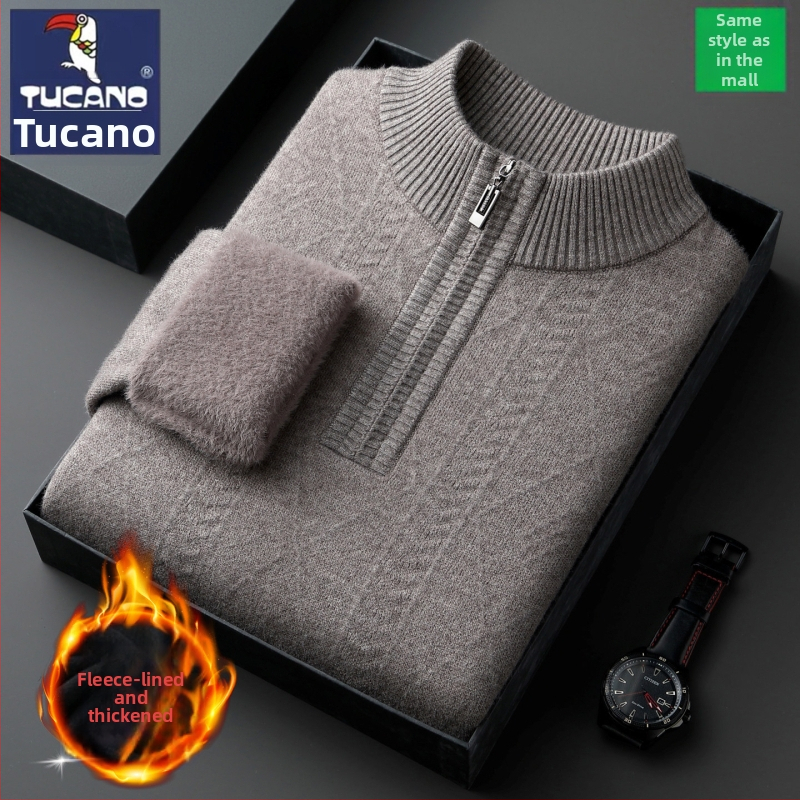 Мъжки кашмирен пуловер с цип, 95% кашмир, дебело плетиво, полу-висока яка, дълъг ръкав