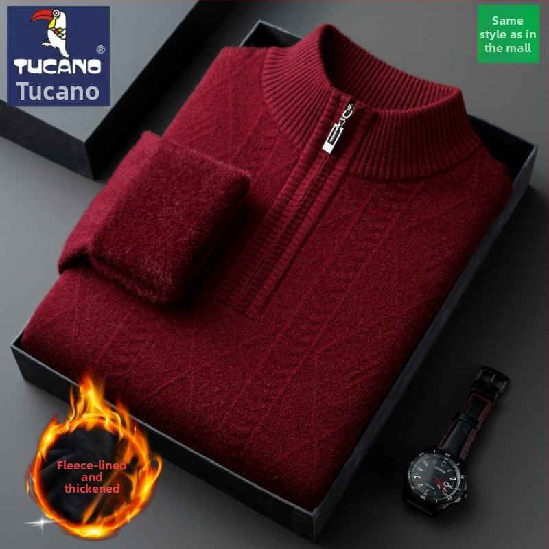 Мъжки кашмирен пуловер с цип, 95% кашмир, дебело плетиво, полу-висока яка, дълъг ръкав