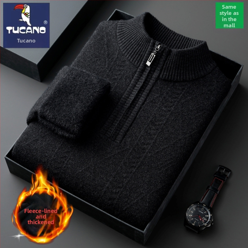 Мъжки кашмирен пуловер с цип, 95% кашмир, дебело плетиво, полу-висока яка, дълъг ръкав