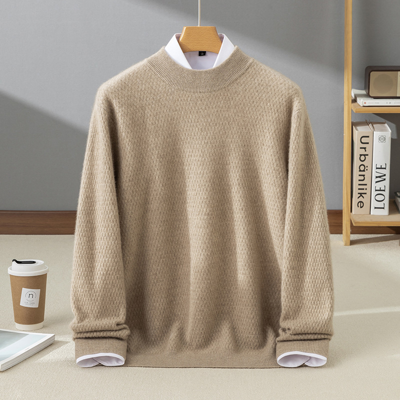 Мъжки кашмирен пуловер, 95% кашмир, дълги ръкави, тясна кройка, дебел плет, едноцветен модел