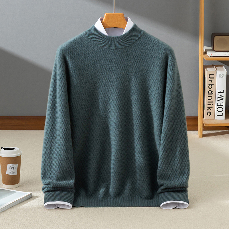 Мъжки кашмирен пуловер, 95% кашмир, дълги ръкави, тясна кройка, дебел плет, едноцветен модел