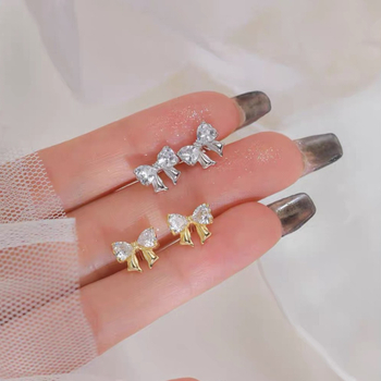 Whale Sen S999 sterling srebro – naušnice s mašnicom i cirkonima, geometrijski dizajn, elektroplatiranje, 0.61 g