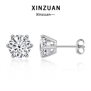 Moissanitové náušnice so šiestimi hrotmi, striebro S925, kruhový tvar, 0,1–3 ct (Unisex; Jednoduchý štýl)