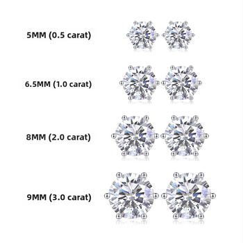 Moissanitové náušnice so šiestimi hrotmi, striebro S925, kruhový tvar, 0,1–3 ct (Unisex; Jednoduchý štýl)