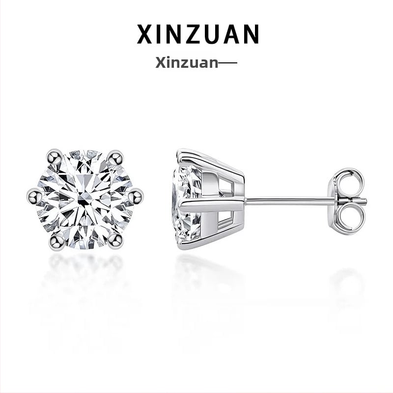 Moissanitové náušnice so šiestimi hrotmi, striebro S925, kruhový tvar, 0,1–3 ct (Unisex; Jednoduchý štýl)