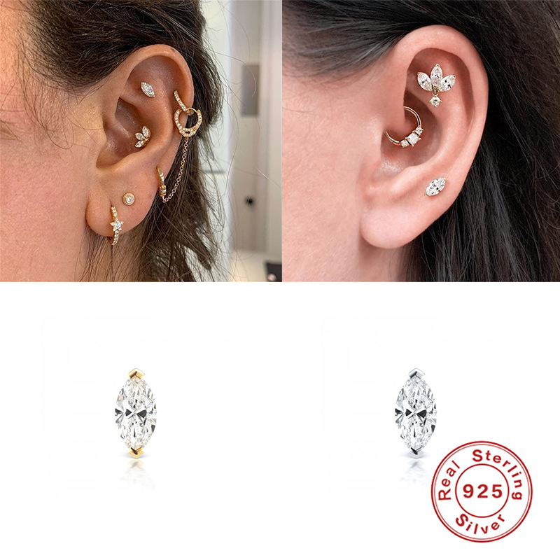 Naušnice od S925 srebra, Geometrijski dizajn, Solitaire konjsko oko, vijčasti piercing