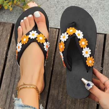 Sandale za plažu s cvjetnim vezom, Slip-On, herringbone uzorak, gornji dio od tekstila, EVA đon, lagane i prozračne
