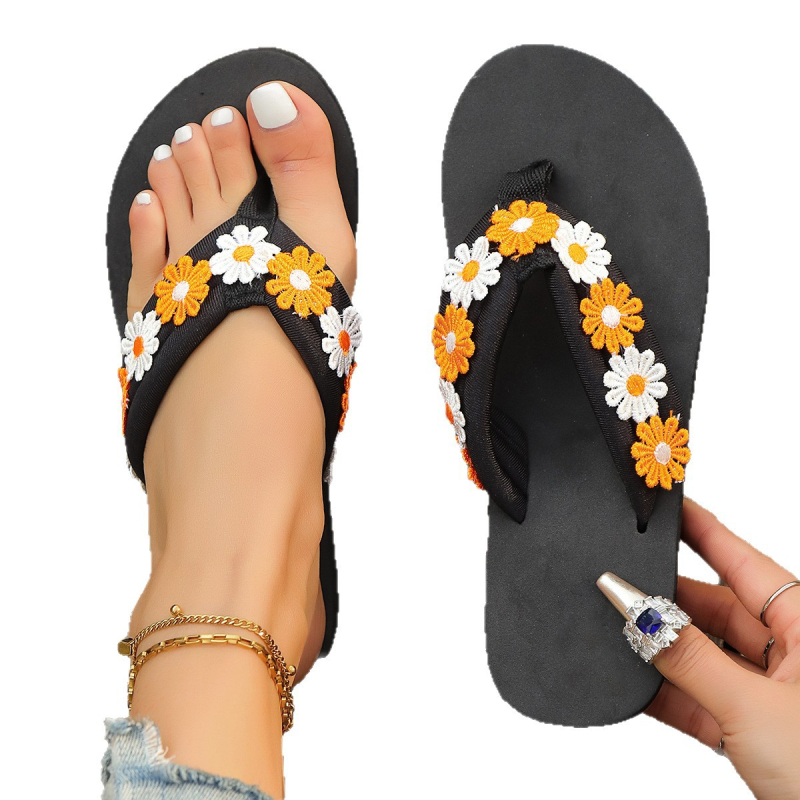 Sandale za plažu s cvjetnim vezom, Slip-On, herringbone uzorak, gornji dio od tekstila, EVA đon, lagane i prozračne