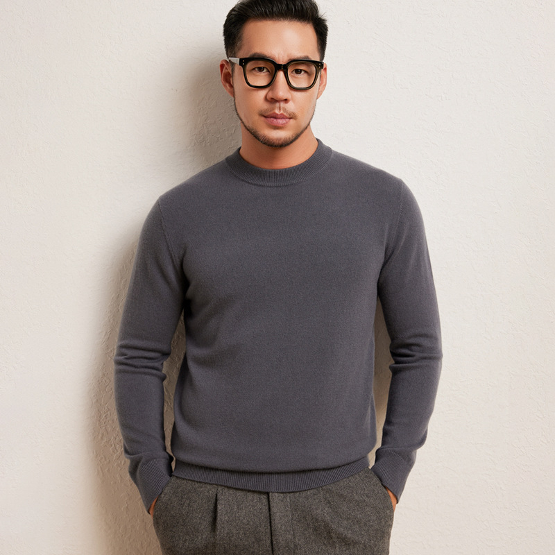 Мъжки кашмирен пуловер, свободен модел, със стояща яка, едноцветен, 95%+ кашмир