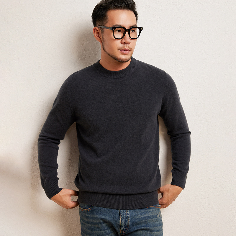 Мъжки кашмирен пуловер, свободен модел, със стояща яка, едноцветен, 95%+ кашмир