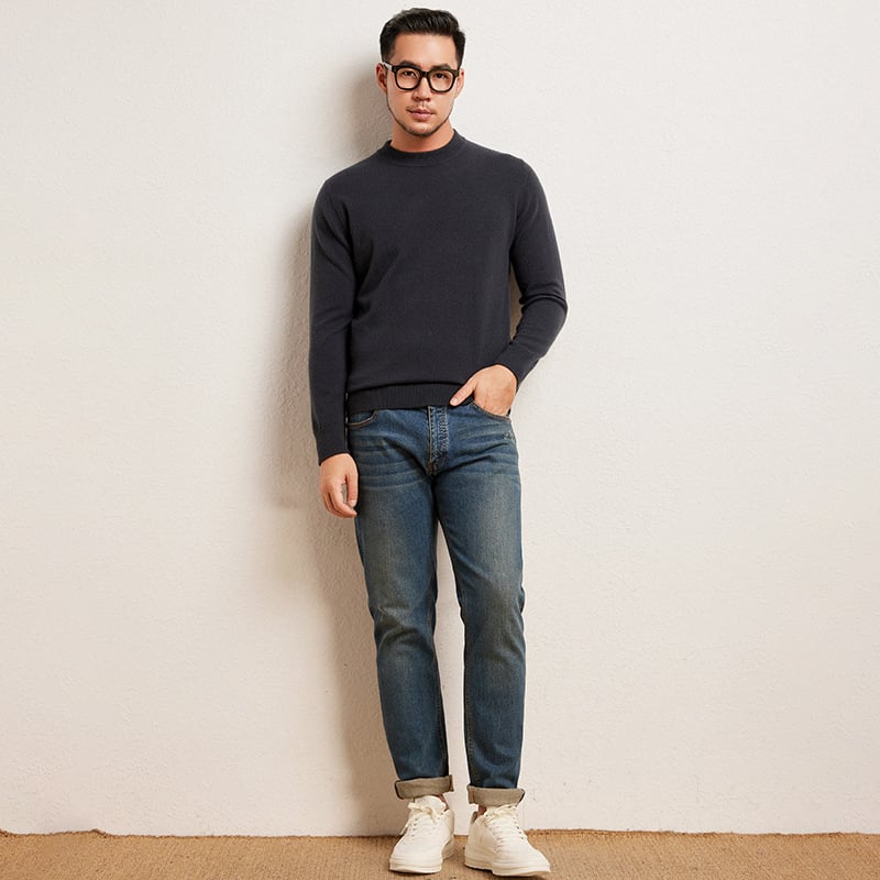 Мъжки кашмирен пуловер, свободен модел, със стояща яка, едноцветен, 95%+ кашмир