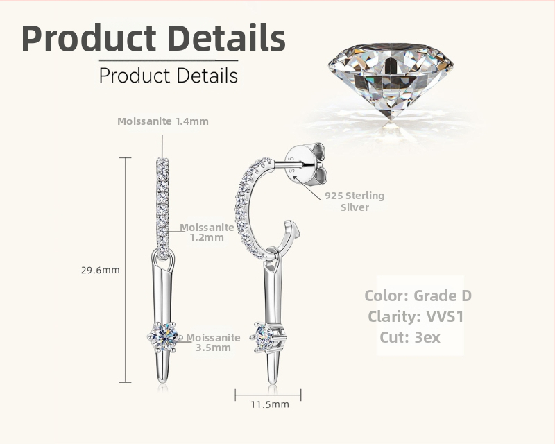 Dámske náušnice z moissanitu, striebro 925, kruhový tvar, výbrus 8 srdcí a 8 šípov