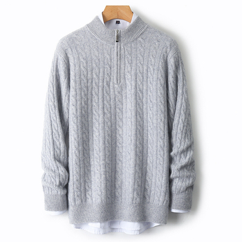 Muški vuneni džemper s jacquardom, polu-zip, debeli, dugi rukav