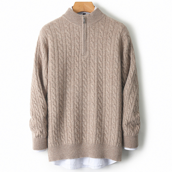 Muški vuneni džemper s jacquardom, polu-zip, debeli, dugi rukav
