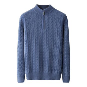 Muški vuneni džemper s jacquardom, polu-zip, debeli, dugi rukav