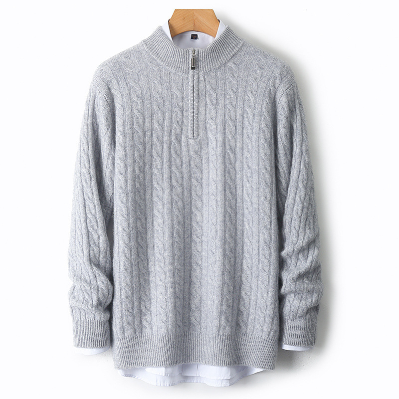 Muški vuneni džemper s jacquardom, polu-zip, debeli, dugi rukav