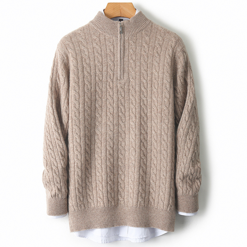 Muški vuneni džemper s jacquardom, polu-zip, debeli, dugi rukav