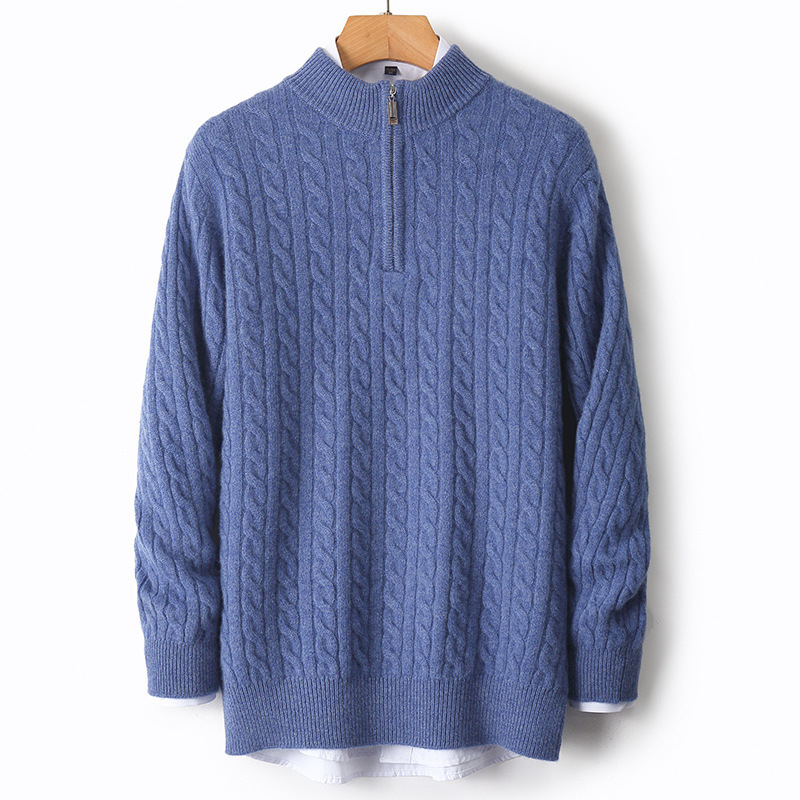 Muški vuneni džemper s jacquardom, polu-zip, debeli, dugi rukav
