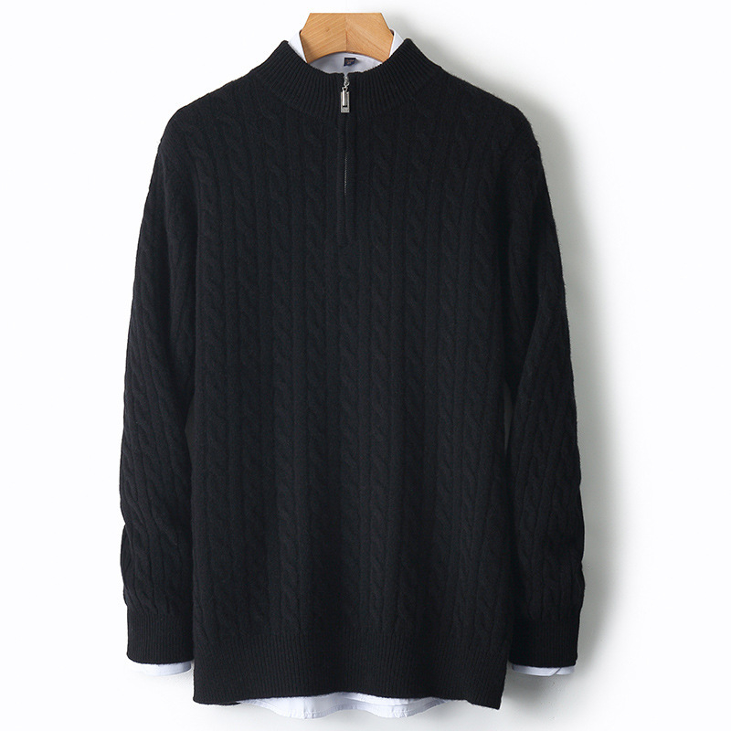 Muški vuneni džemper s jacquardom, polu-zip, debeli, dugi rukav