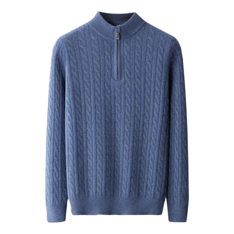 Muški vuneni džemper s jacquardom, polu-zip, debeli, dugi rukav