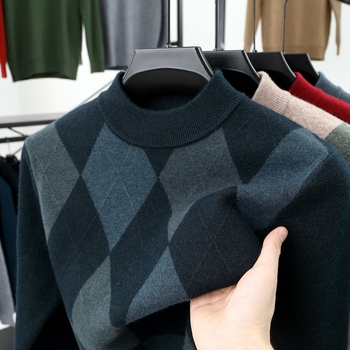 Muški vuneni džemper s polu-visokim ovratnikom, debeli pleteni materijal, dugi rukavi, rebrasti rub, vuna 36-40%
