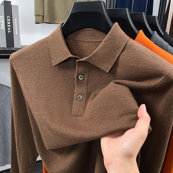 100% gyapjúból készült, finom kötésű férfi polo pulóver, galléros polo stílus, vékony, hosszú ujjú, 65-80 cm középmagas hossz