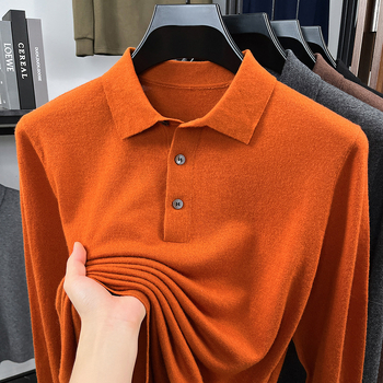 100% gyapjúból készült, finom kötésű férfi polo pulóver, galléros polo stílus, vékony, hosszú ujjú, 65-80 cm középmagas hossz