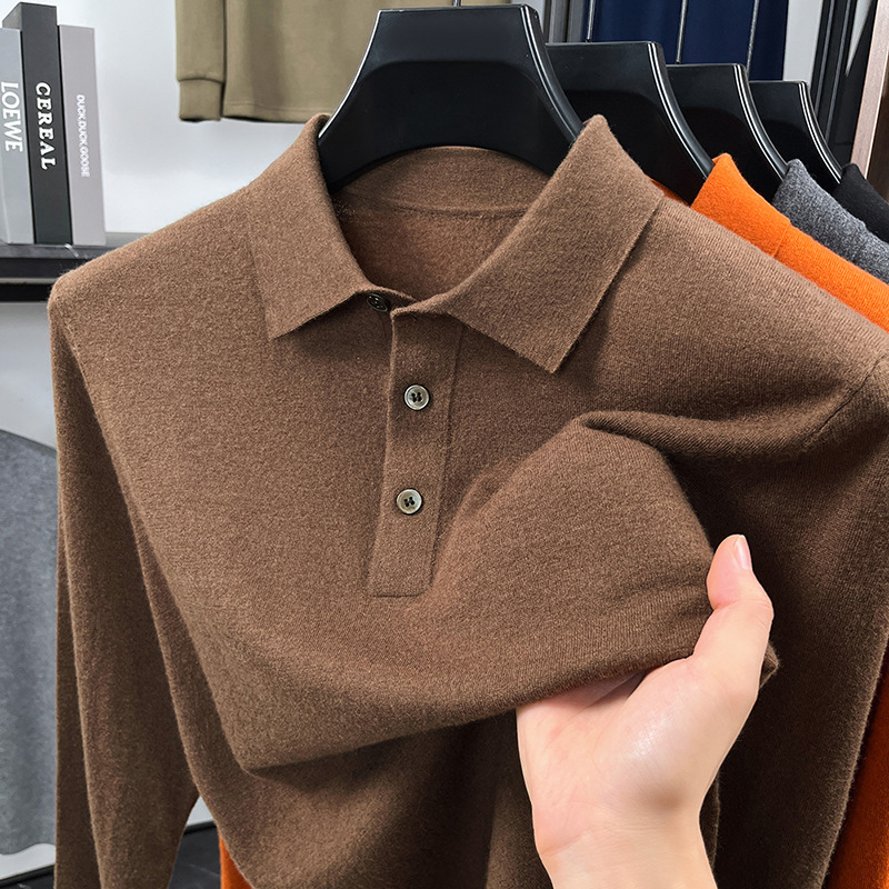 100% gyapjúból készült, finom kötésű férfi polo pulóver, galléros polo stílus, vékony, hosszú ujjú, 65-80 cm középmagas hossz