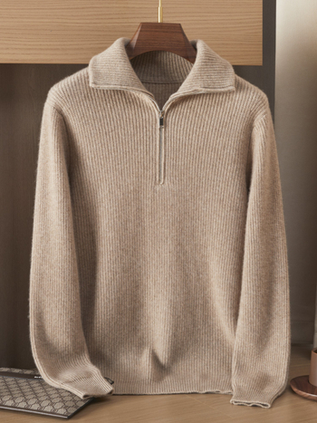 Мъжки кашмирен пуловер с яка тип лапел и полузип, жакардова плетка, 95%+ кашмир, свободен силует