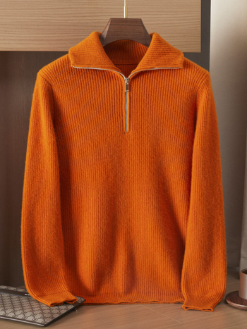 Мъжки кашмирен пуловер с яка тип лапел и полузип, жакардова плетка, 95%+ кашмир, свободен силует