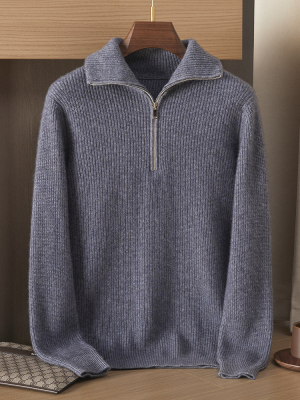 Мъжки кашмирен пуловер с яка тип лапел и полузип, жакардова плетка, 95%+ кашмир, свободен силует