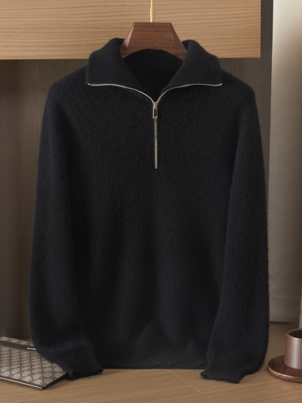 Мъжки кашмирен пуловер с яка тип лапел и полузип, жакардова плетка, 95%+ кашмир, свободен силует