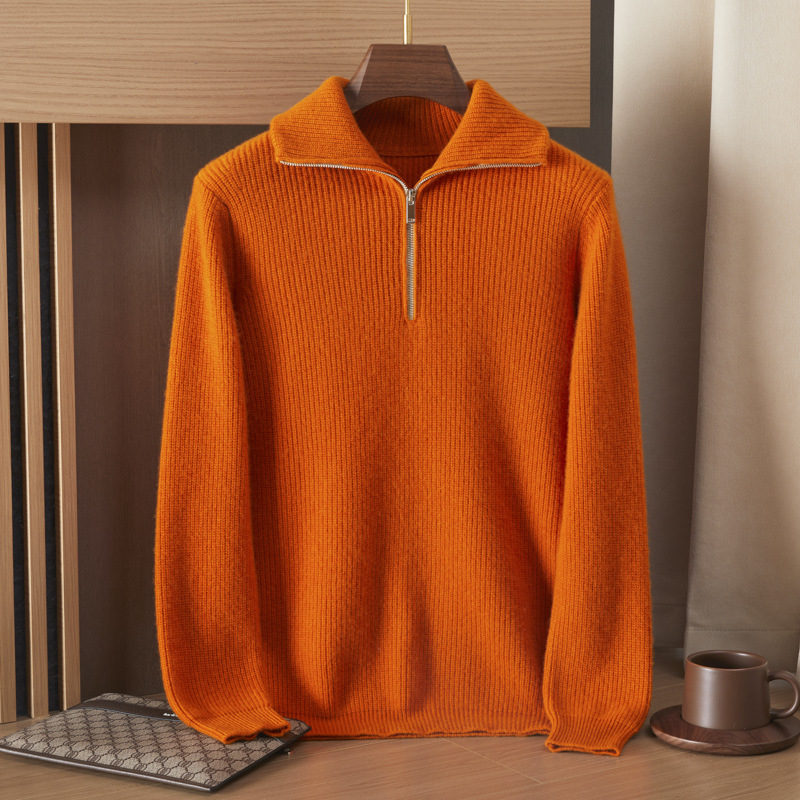 Мъжки кашмирен пуловер с яка тип лапел и полузип, жакардова плетка, 95%+ кашмир, свободен силует