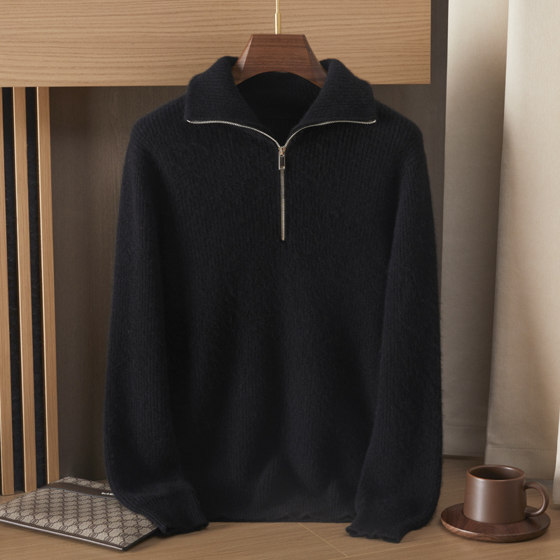 Мъжки кашмирен пуловер с яка тип лапел и полузип, жакардова плетка, 95%+ кашмир, свободен силует