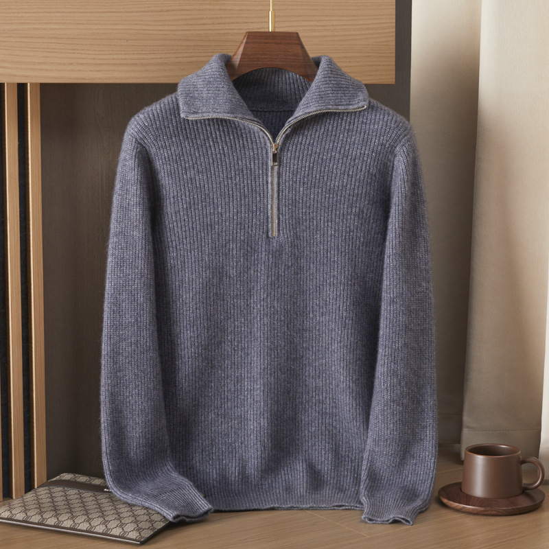 Мъжки кашмирен пуловер с яка тип лапел и полузип, жакардова плетка, 95%+ кашмир, свободен силует