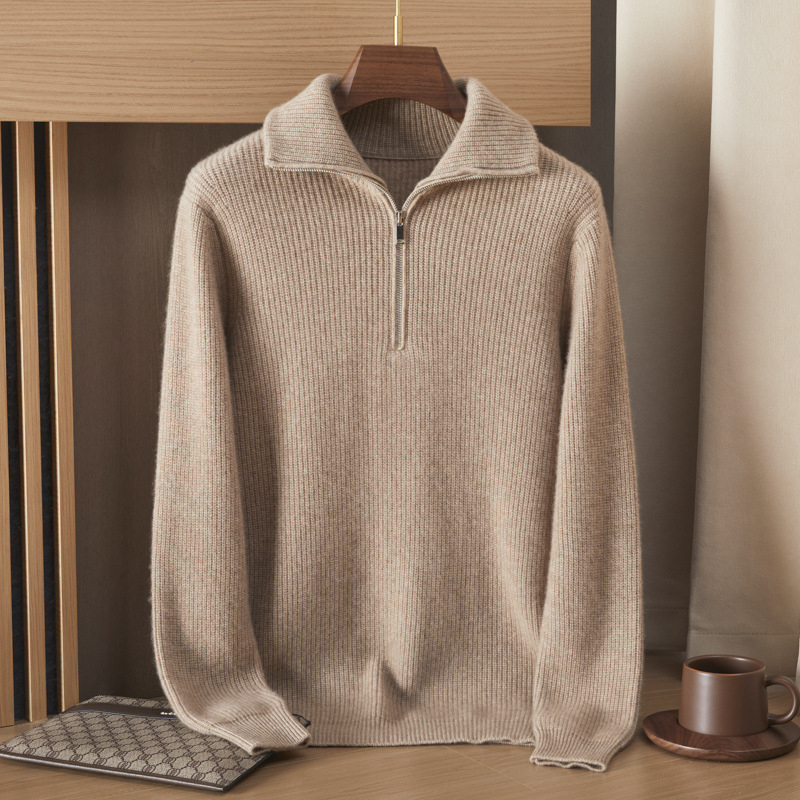 Мъжки кашмирен пуловер с яка тип лапел и полузип, жакардова плетка, 95%+ кашмир, свободен силует