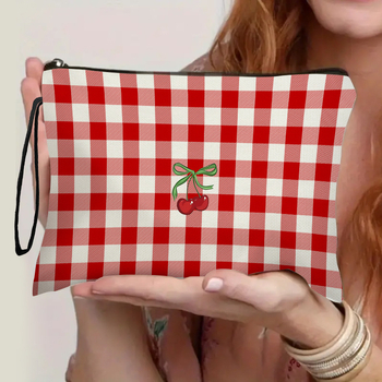 Cherry mintás kockás kozmetikai táska, hordozható kültéri tároló táska, iskolai tolltartó, otthoni cipzáros neszesszer